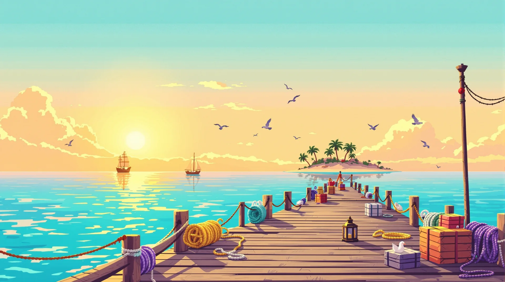 Pier 01 — a warm pixel-art harbor at golden hour.